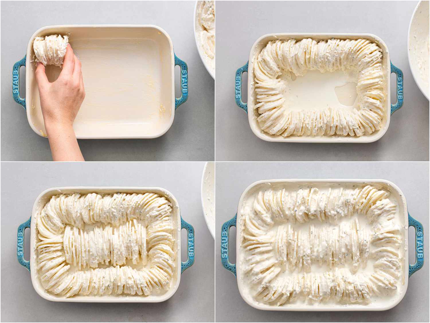 A collage of sliced potatoes and cream mixture sequentially being put into a rectangular baking dish.
