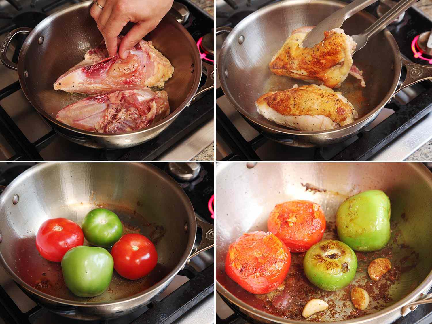A collage: browning chicken breast and blistering tomato, tomatillos and garlic in a medium saucepan. 