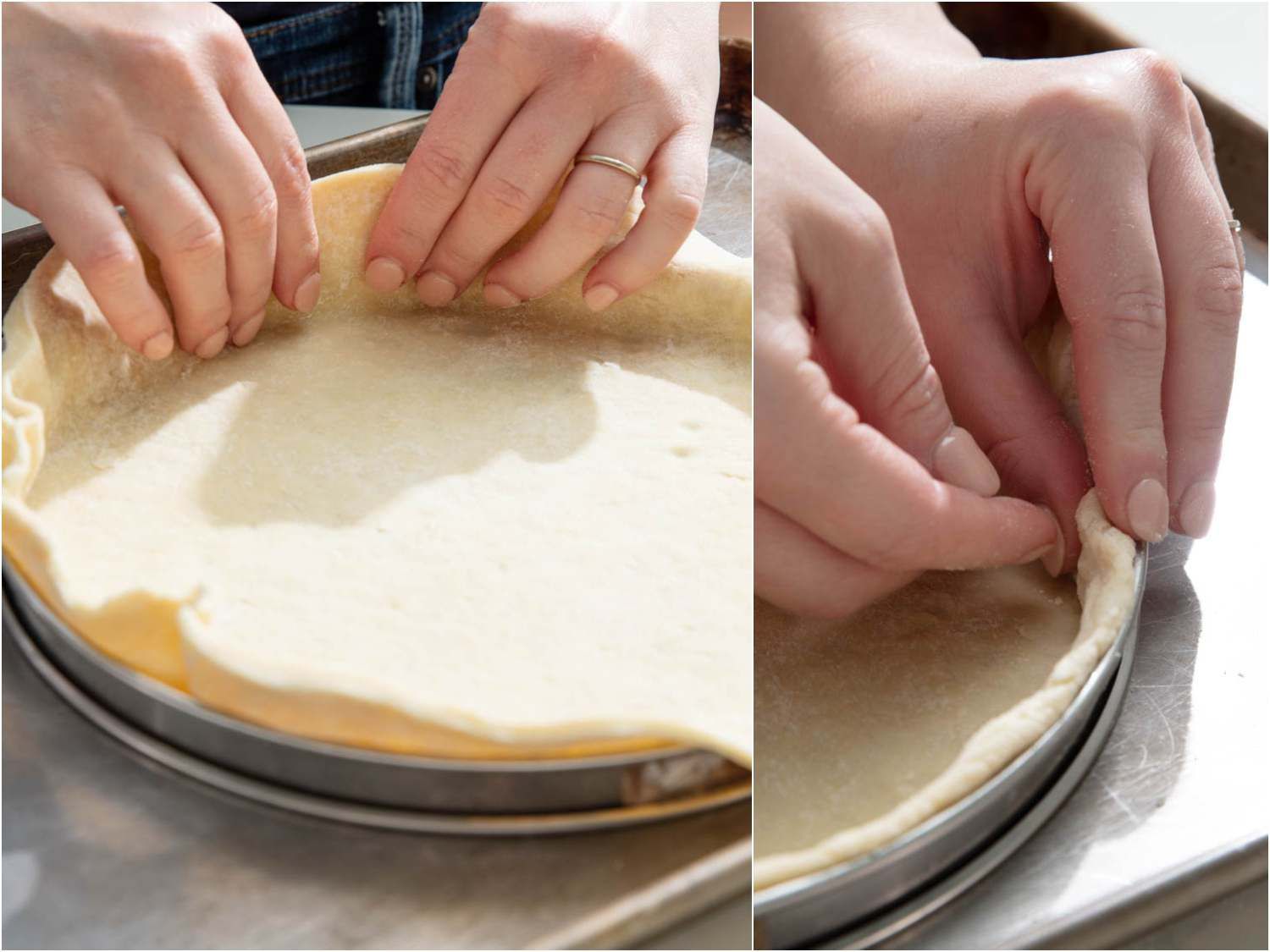 fitting a sheet of dough into the tart ring