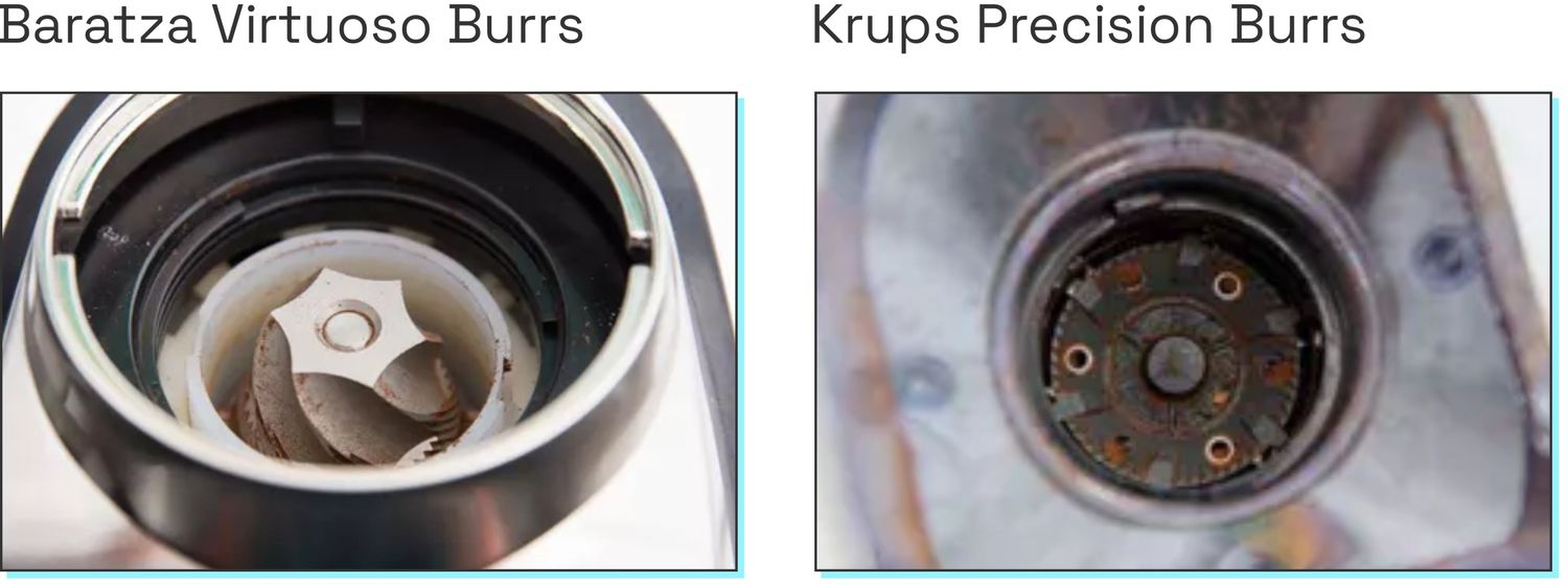 The burrs of two different coffee grinders side-by-side