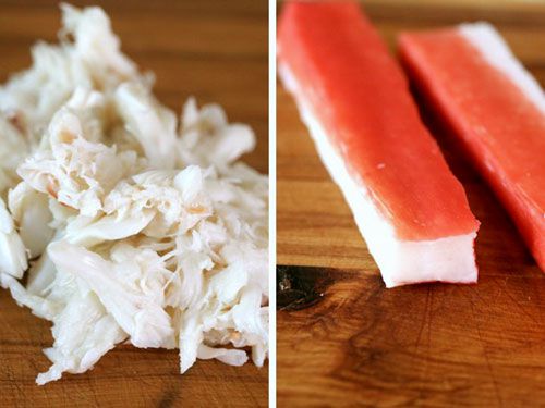 Collage of real crab meat and artificial crab sticks