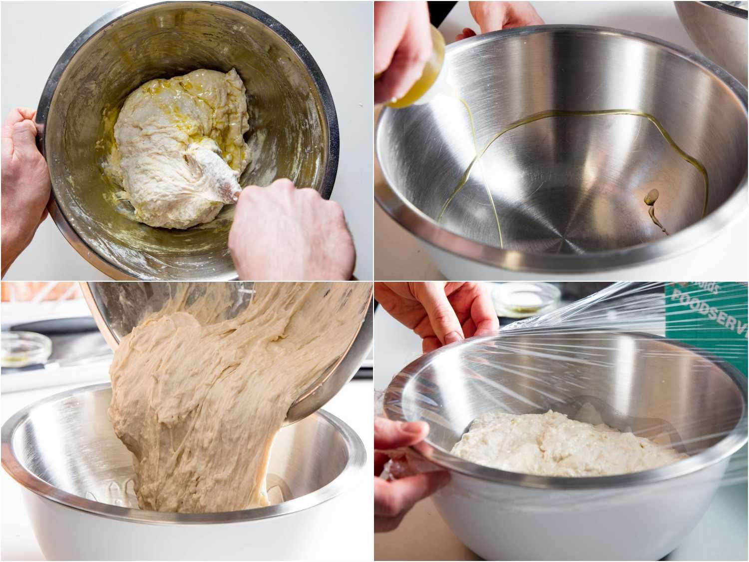 Process shots 4 images: the upper left showing mixing olive oil into the dough, followed by oiling the bowl, the lower left showing transferring the dough to the oiled bowl and the lower right showing covering the bowl with plastic wrap for the first rise.