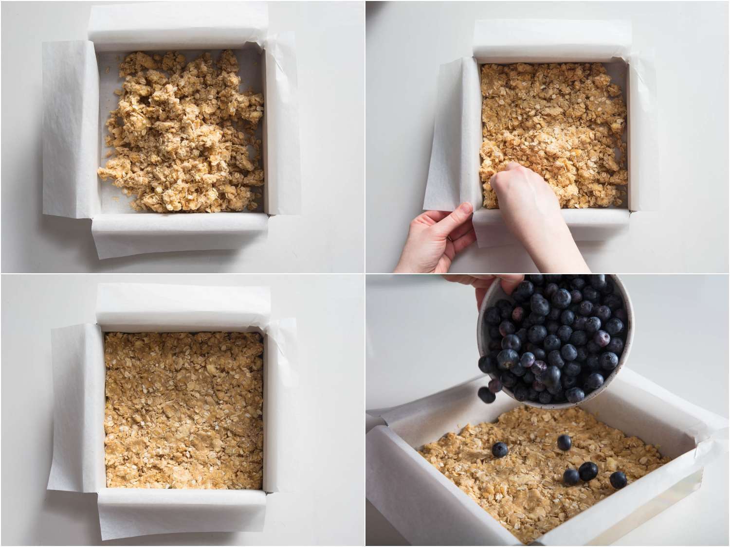 A collage: pressing fruit bar dough into the pan and adding blueberry on top. 