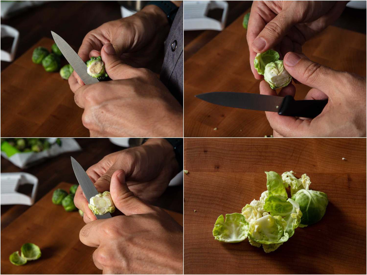 A four-photo collage showing the process for separating a Brussels sprout into its individual leaves: cut the core to detach the leaves, remove the leaves, repeat until most of the leaves have been removed, and you have a pile of leaves on the cutting board. 
