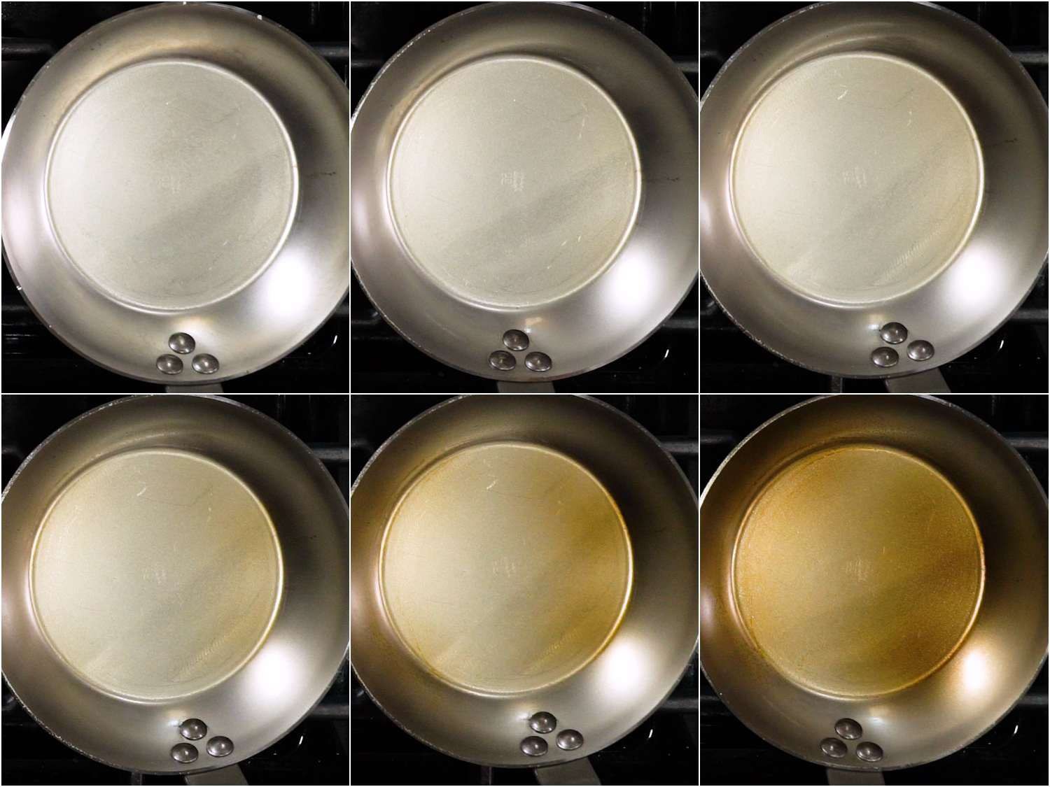 A time-lapse sequence showing seasoning forming on a new carbon steel pan (the pan goes from a metallic color to brown).