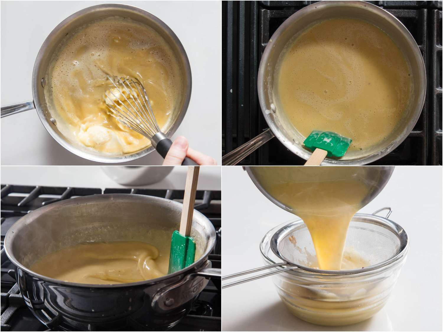 Collage shows steps for whisking mascarpone into hazelnut custard mixture; stirring and scraping of ice cream base constantly while bringing mixture to steaming hot temperature; straining the hazelnut mascarpone custard into a bowl.