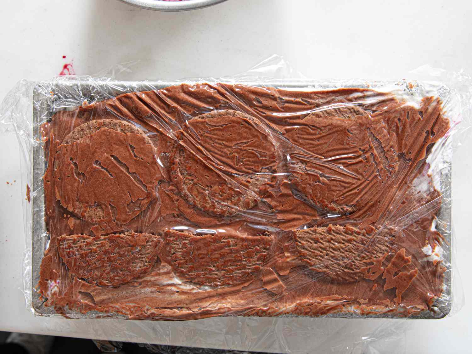 Overhead view of building black forest icebox cake