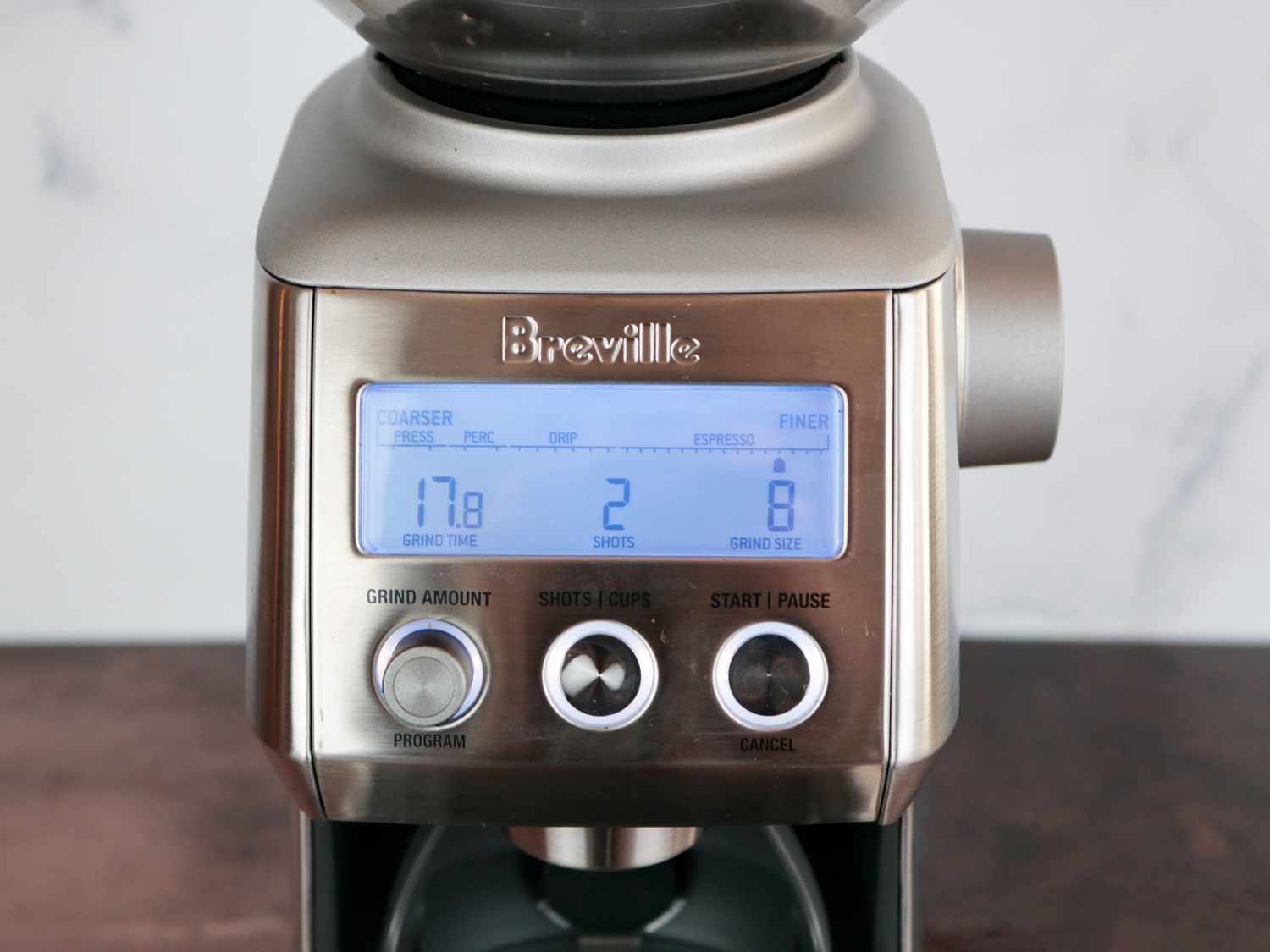 the control panel of a Breville Smart Pro coffee gridner