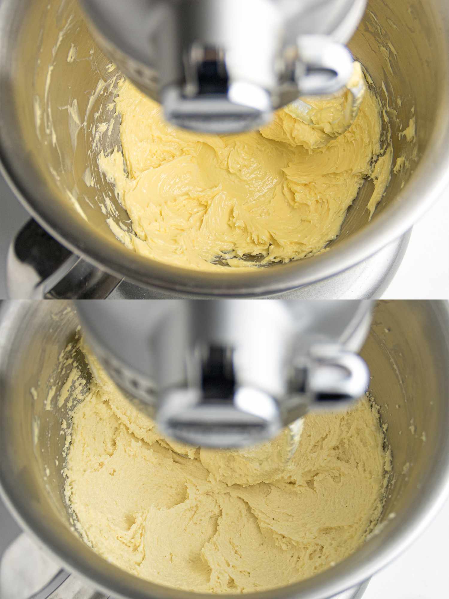 Batter being mixed in a stand mixer bowl, progression shown in two stages.