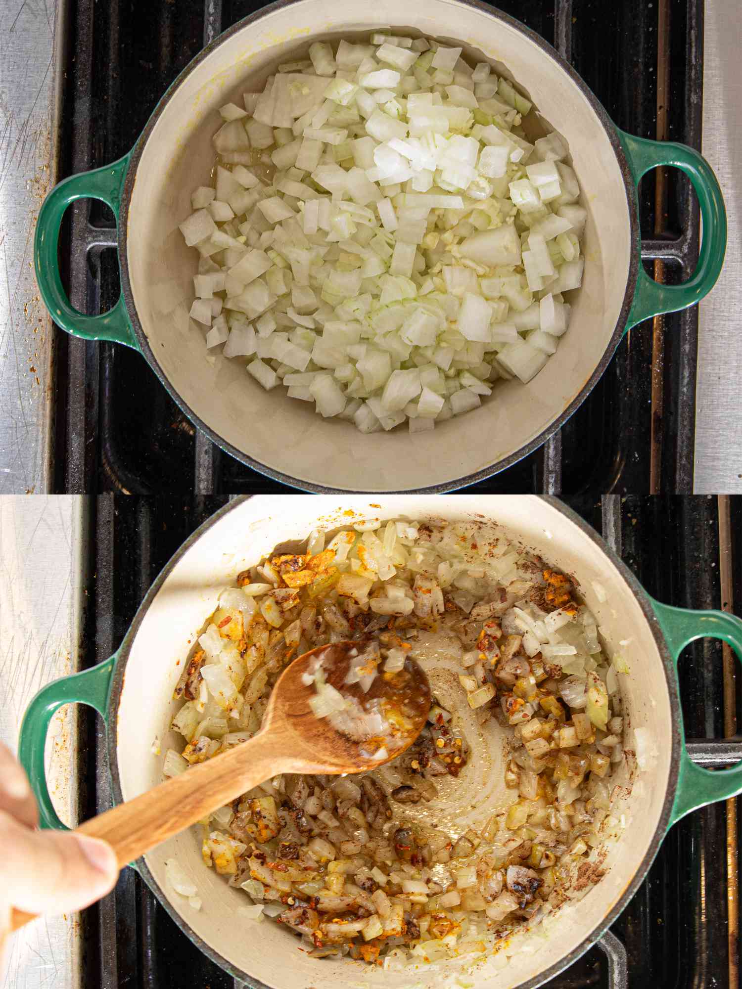 Two image collage of onions cooking