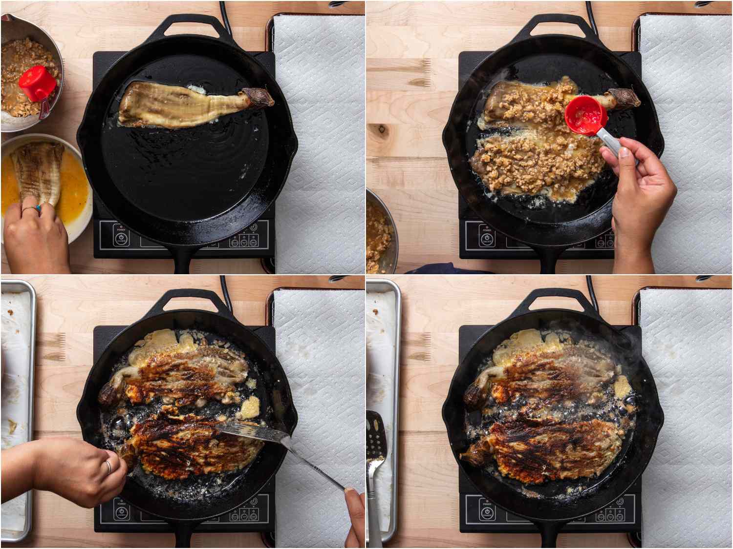 collage: dipping eggplant in egg mixture and adding to cast iron skillet; adding pork and egg mixture on top of eggplant; flipping eggplant; 2 flipped eggplants in skillet