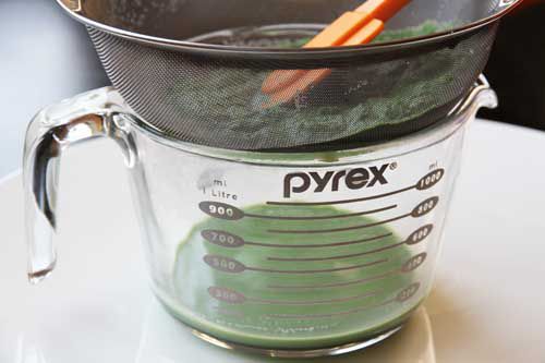 The blended coconut milk-pandan mixture is poured through a fine mesh strainer and into a liquid measuring cup.