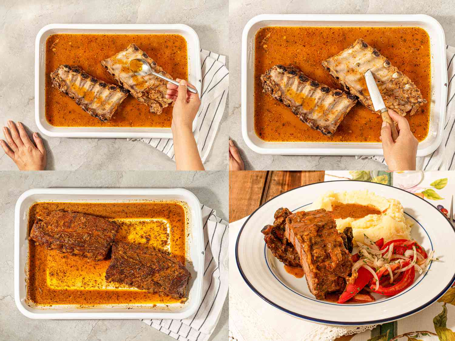 Four image collage of ribs finishing cooking and being served on a plate