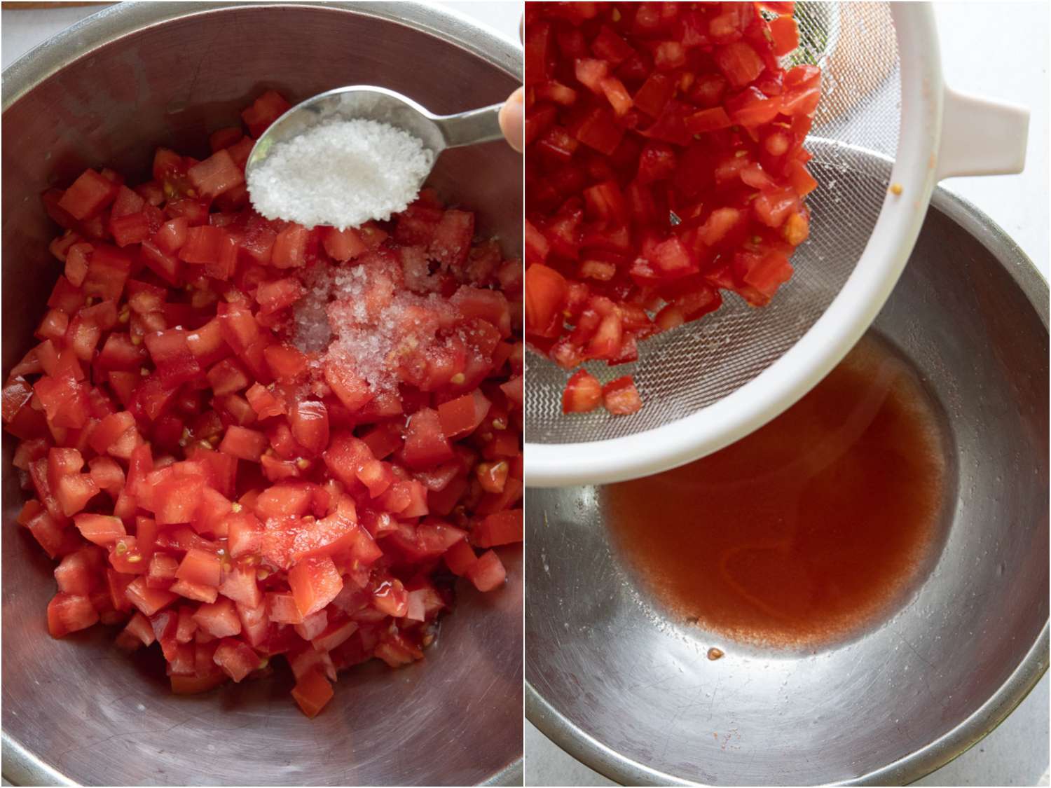 Collage of salting and draining chopped tomatoes of excess water