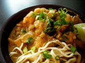 Closeup of Burmese chicken-coconut soup.