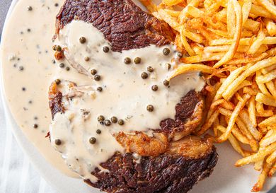 Overhead view of steak frites
