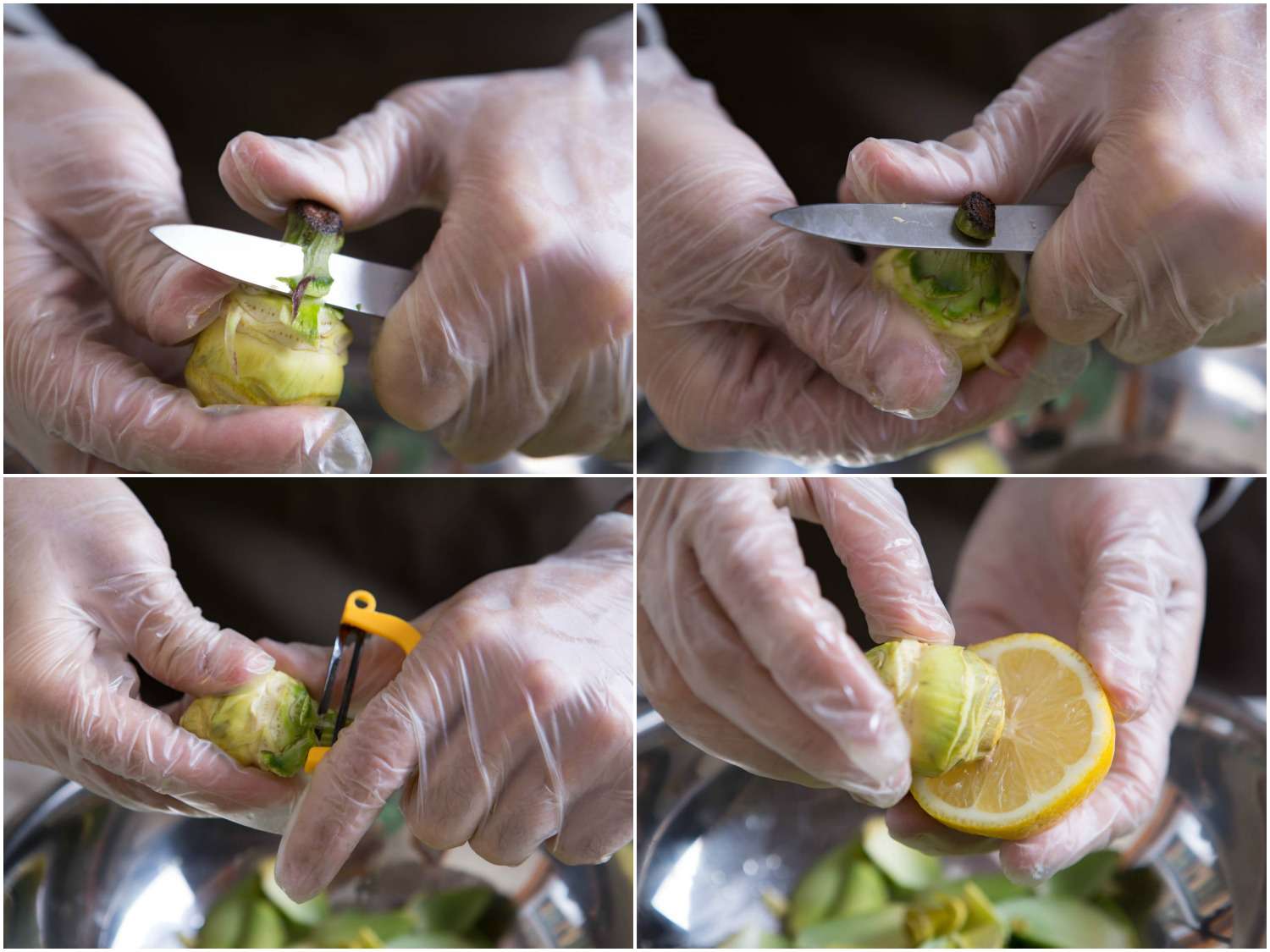 Collage of trimming stem on a cleaned baby artichoke: slicing off tough green stem with a paring knife, peeling with a Y-peeler, rubbing cleaned artichoke with lemon.