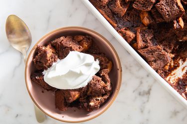 Overhead view of bread pudding