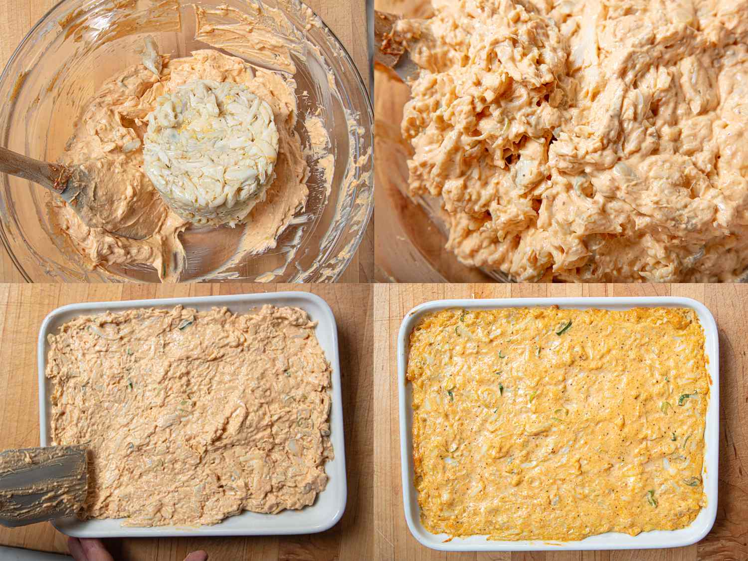 Steps of making a spicy crab dip showing mixing spreading and baking in a casserole dish