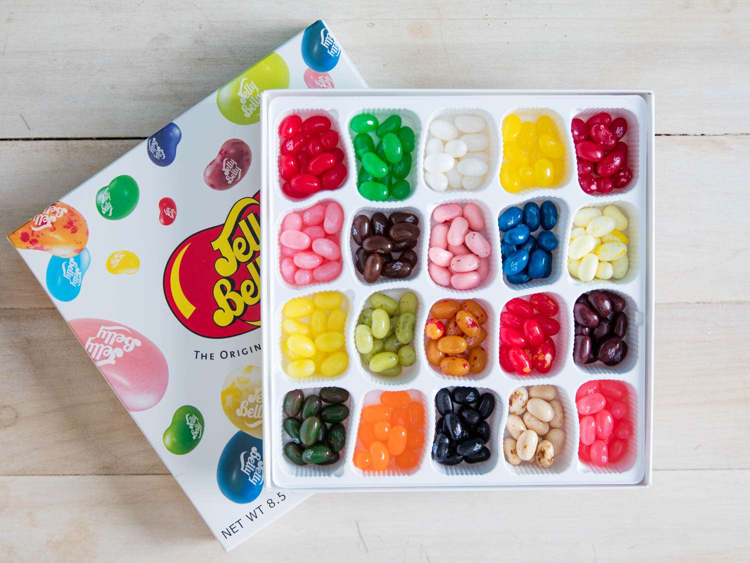 A box of assorted Jelly Belly jellybeans. 