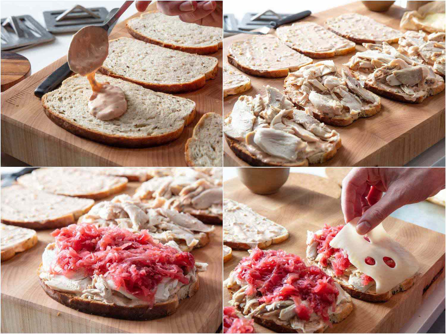 Collage of leftover turkey reuben sandwiches being assembled.