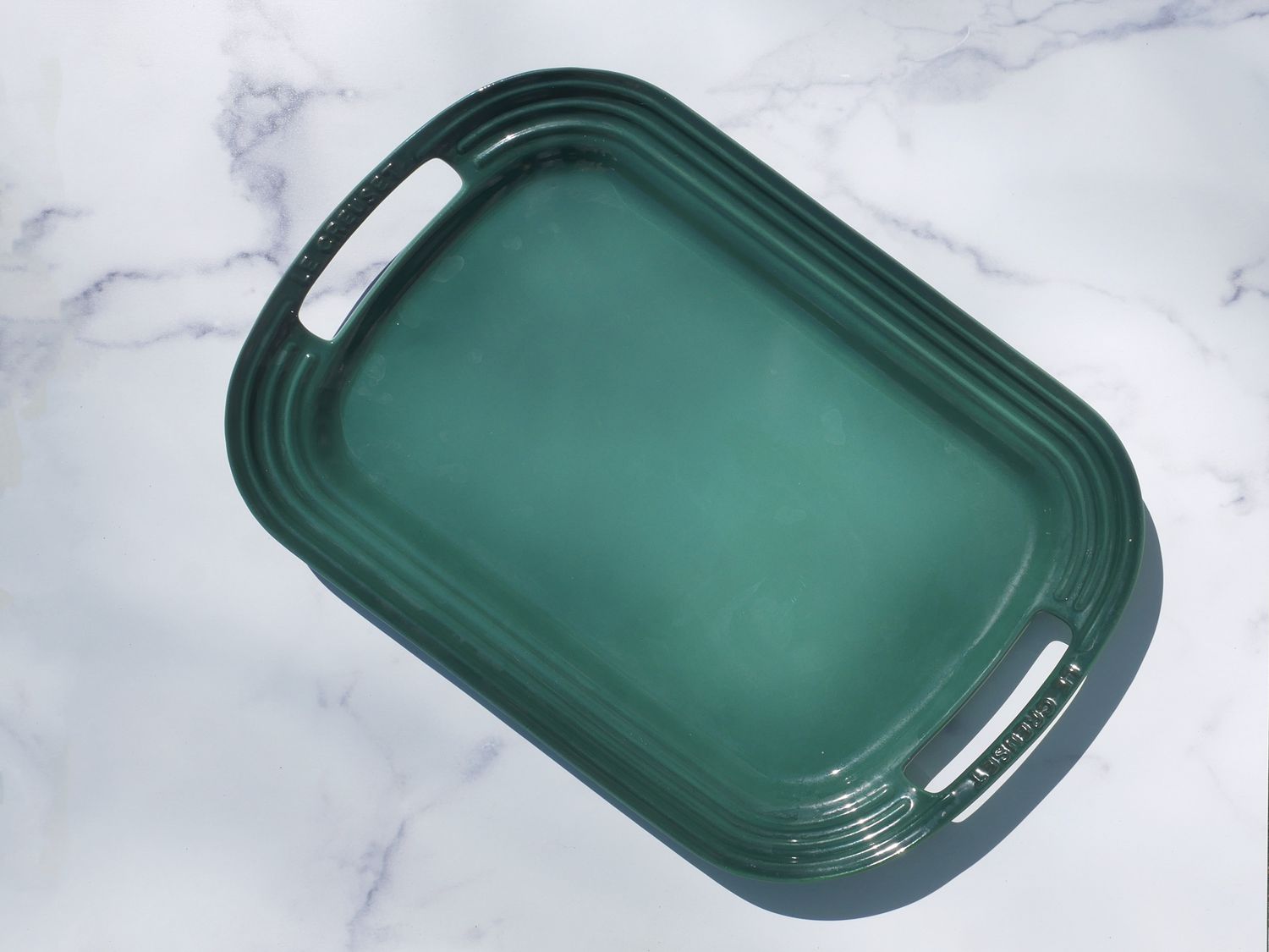 Le creuset platter on marble backdrop