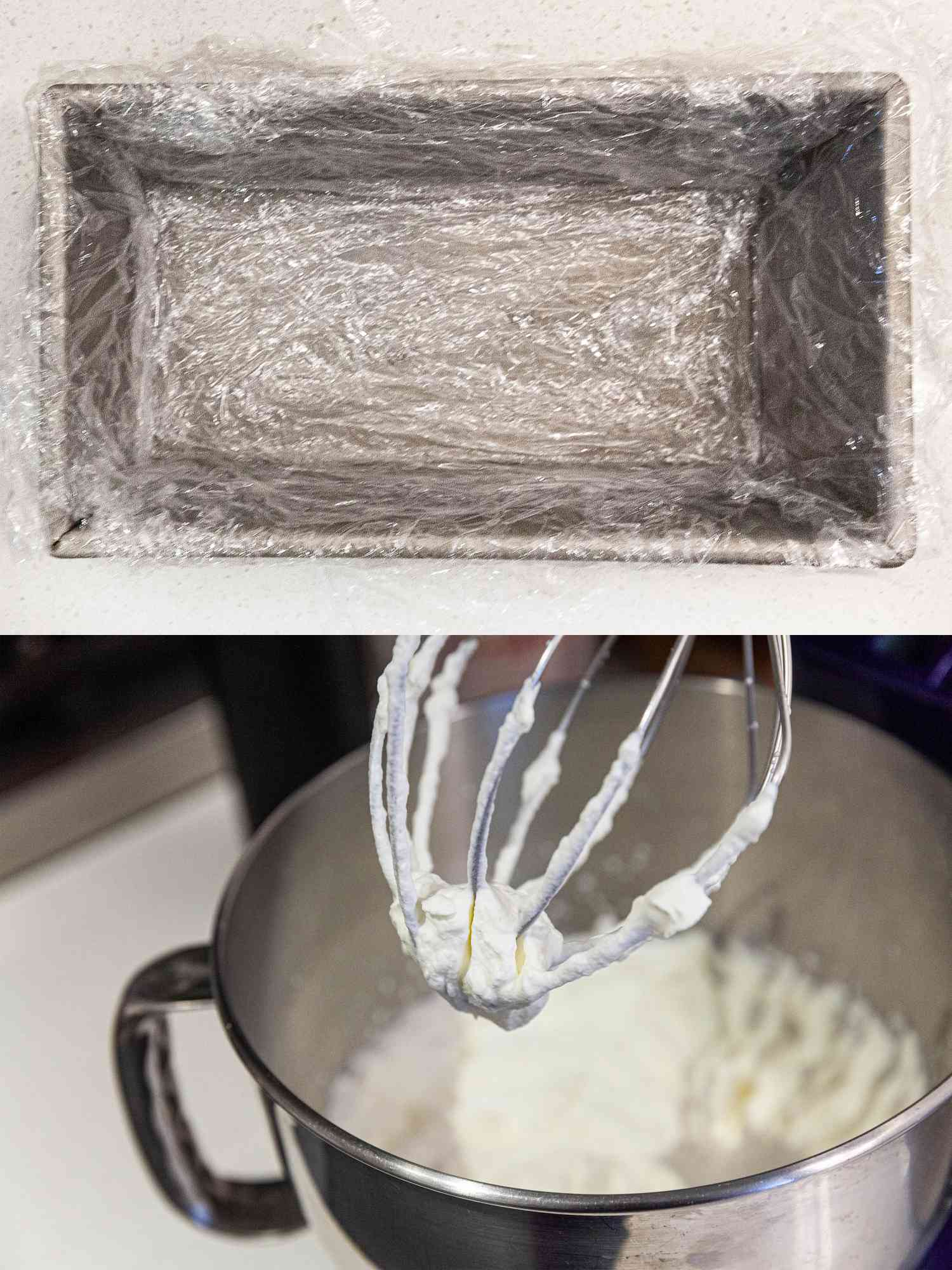 2 image collage. Top: loaf pan with plastic wrap. Bottom: Whisk with whipped cream on it
