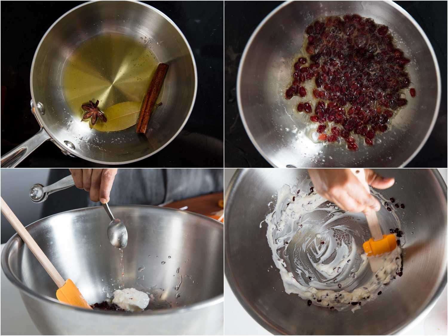 toasting spiced in ghee, frying barberries in ghee, making ghee, yogurt and barberry dressing