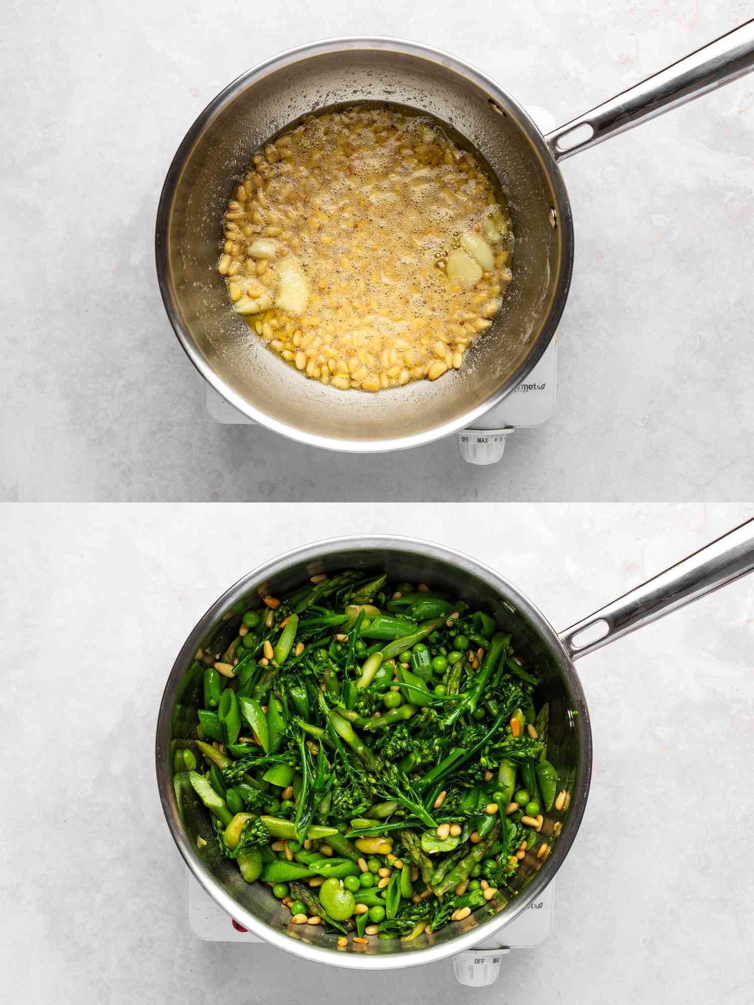 Butter, olive oil, garlic, and pine nuts in saucier, and blanched vegetables in pan