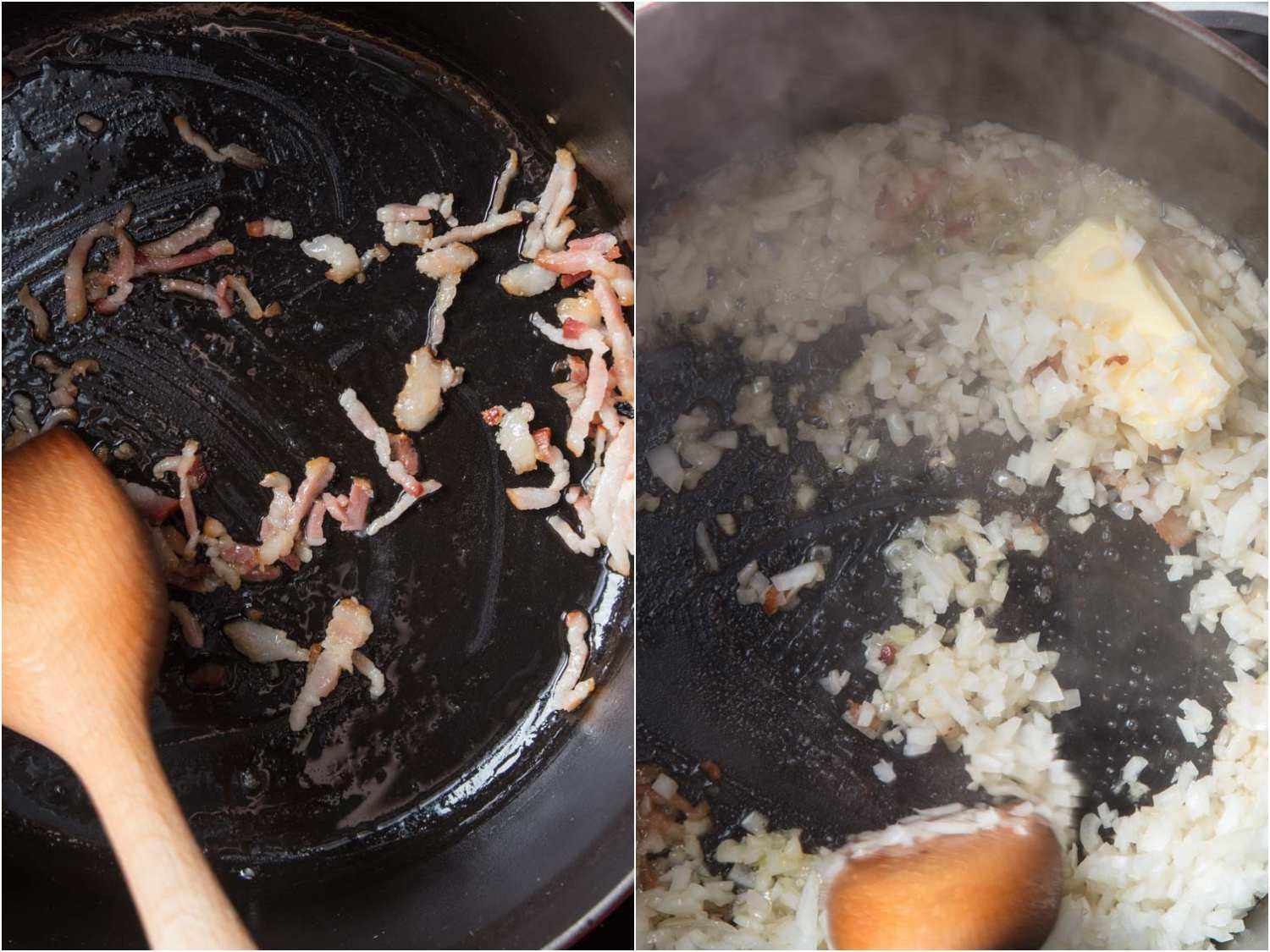 Side by side images showing rendering bacon fat for succotash; adding butter to melt, plus onions and garlic