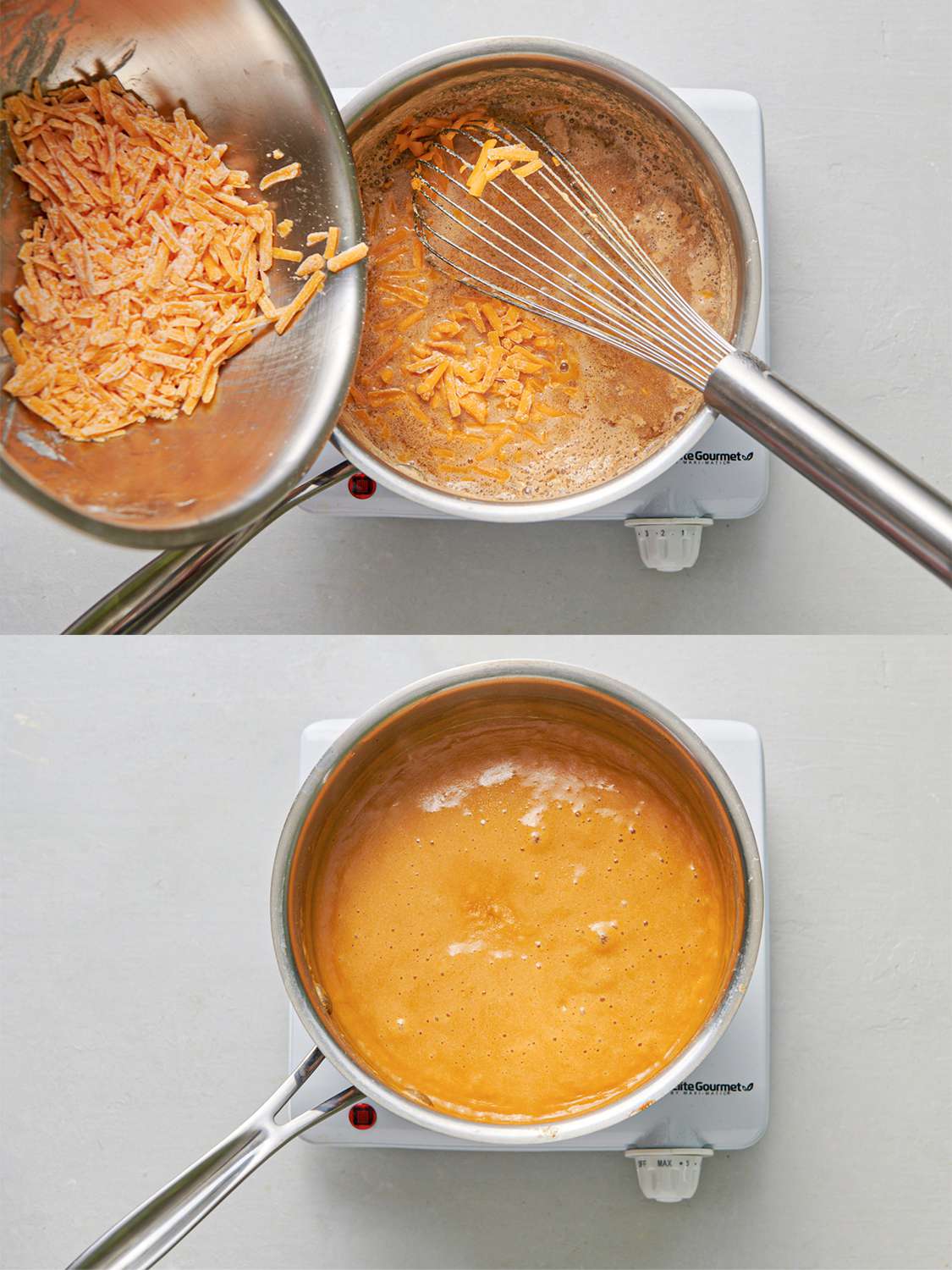 A two-image collage. The top image shows the starch-coated cheese being poured from the metal mixing bowl into the saucepan holding the heated liquids. The bottom image shows the cheese now fully incorporated into the heated liquids.