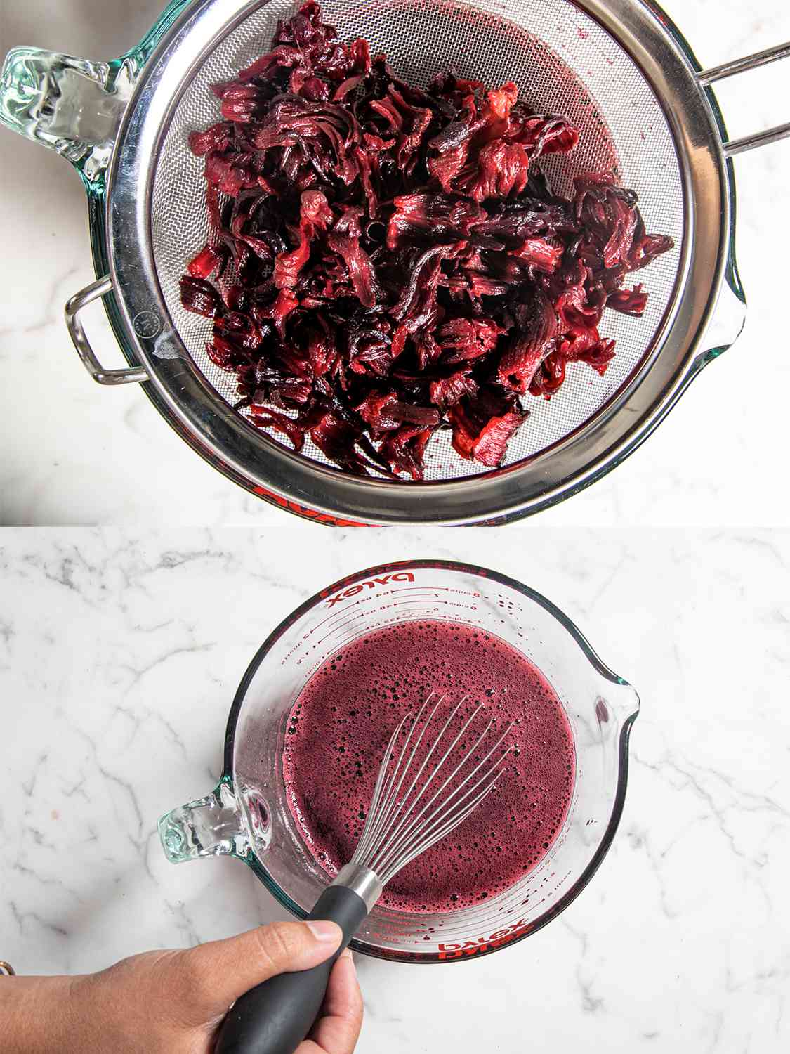 Two Image Collage. Top: Strained hibiscus leaves. Bottom: a hand whisking the boli mixture in a measuring cup