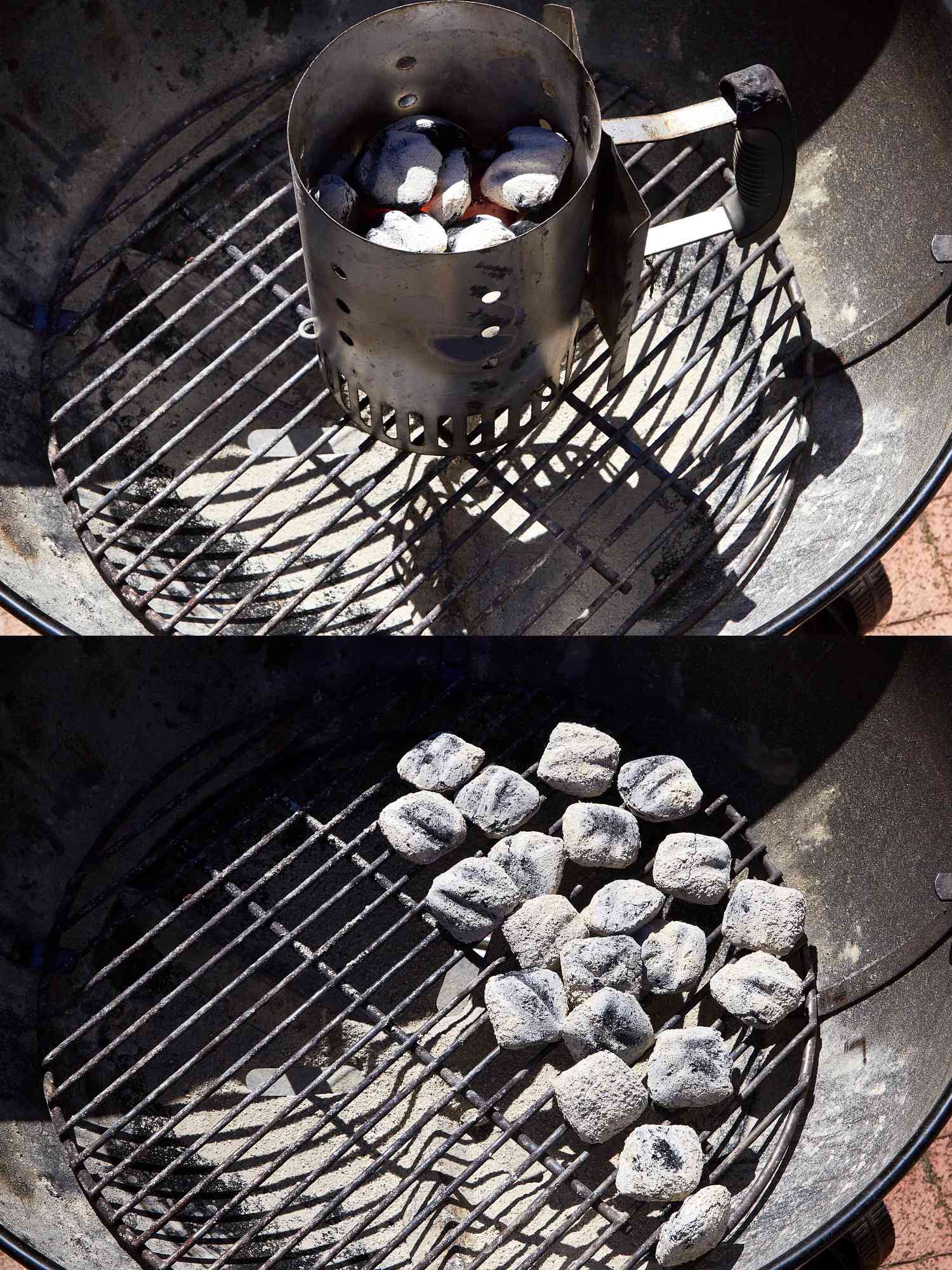 2 image collage. Top: coals in a chimney, on grill. Bottom: Coals on half of the grill 