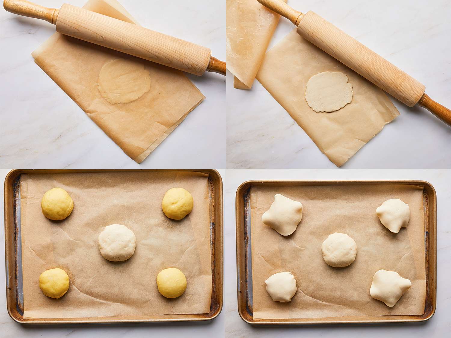 Four Image collage of concha crust being flatten with a rolling pin between two pieces of parchment paper then being placed on top of conchas dough on baking sheet