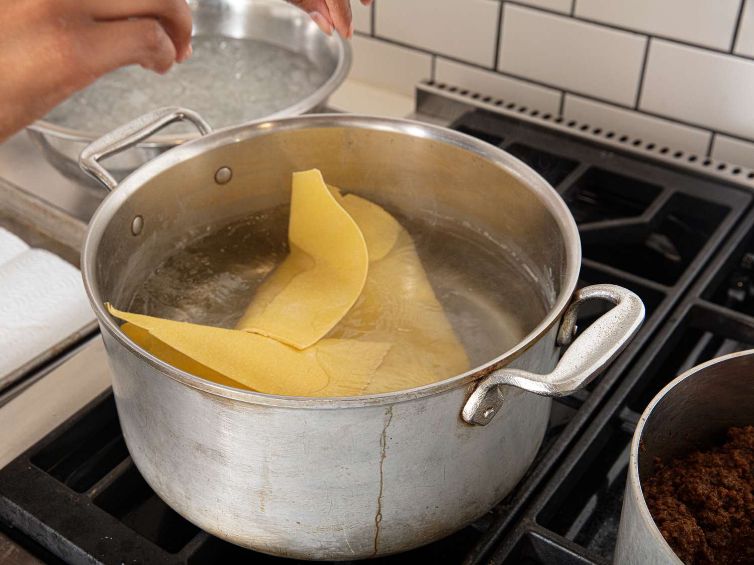 Overhead view of boiling pasta