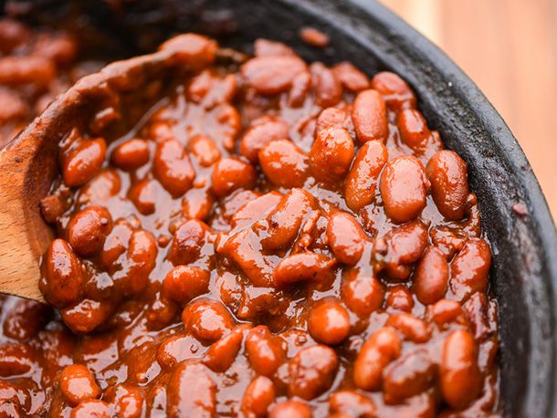 Close up of the finished slow-cooked barbecue beans.