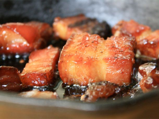 Chinese bacon in a skillet. 