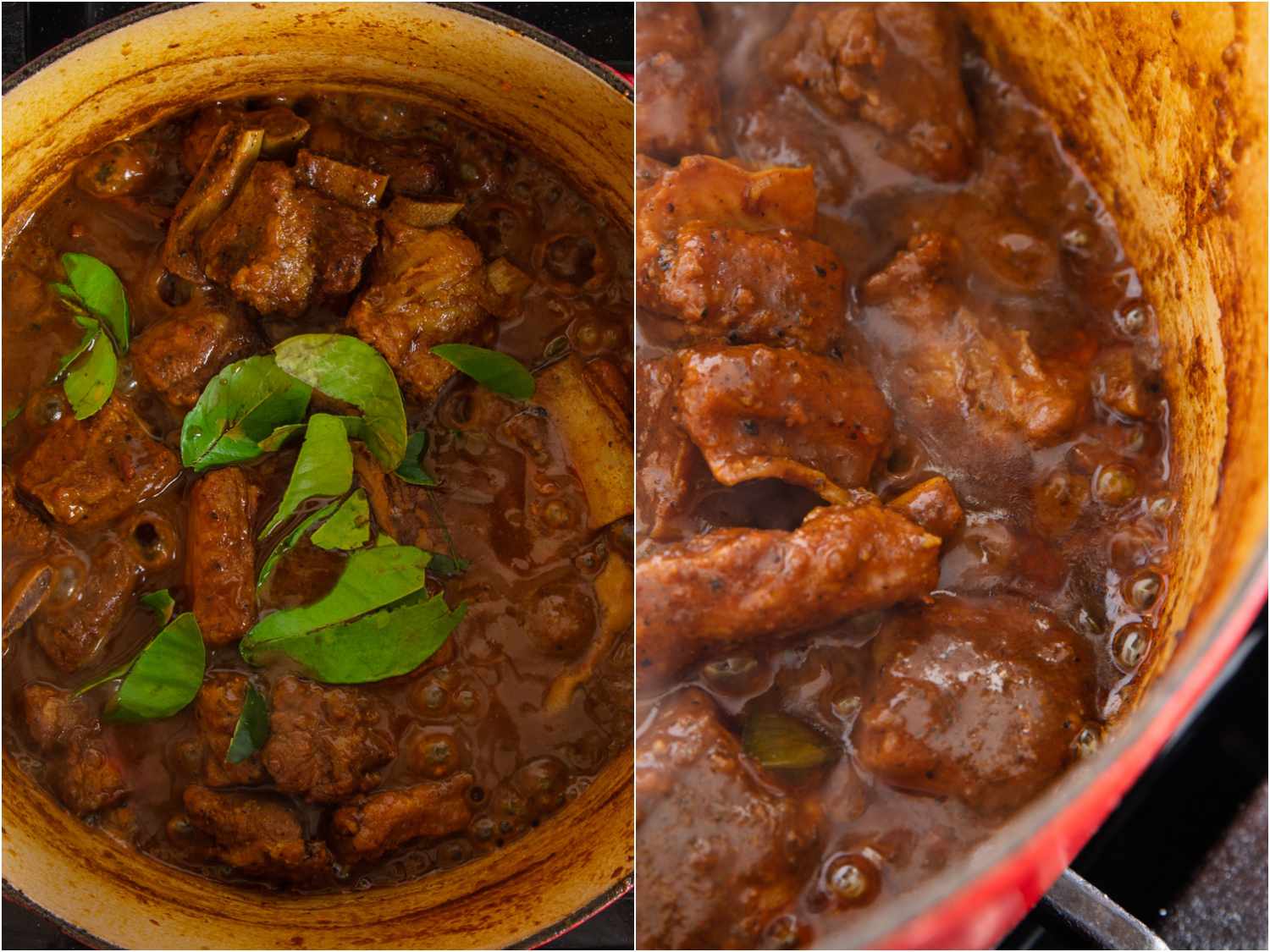 collage: makrut lime leaves added to curry; cooked down, fat beginning to separate