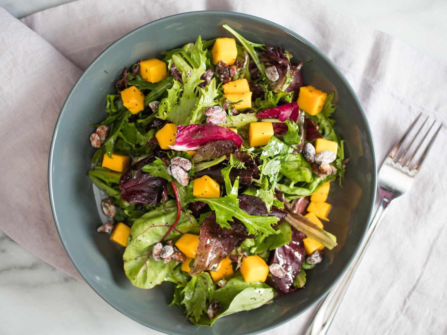 Overhead view of a colorful, mango-studded salad dressed with lemon poppy seed dressing.
