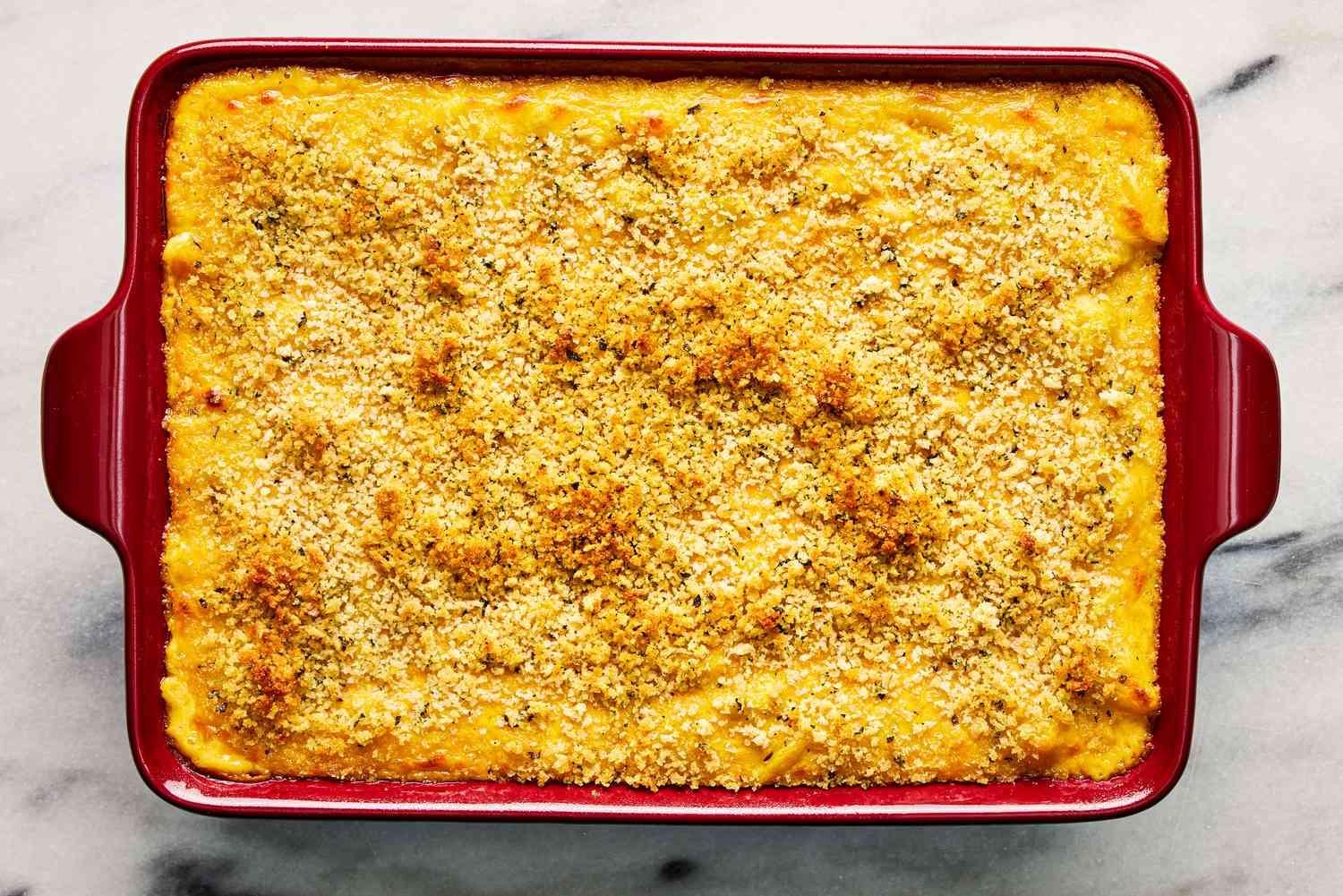 Overhead view of baked mac and cheese