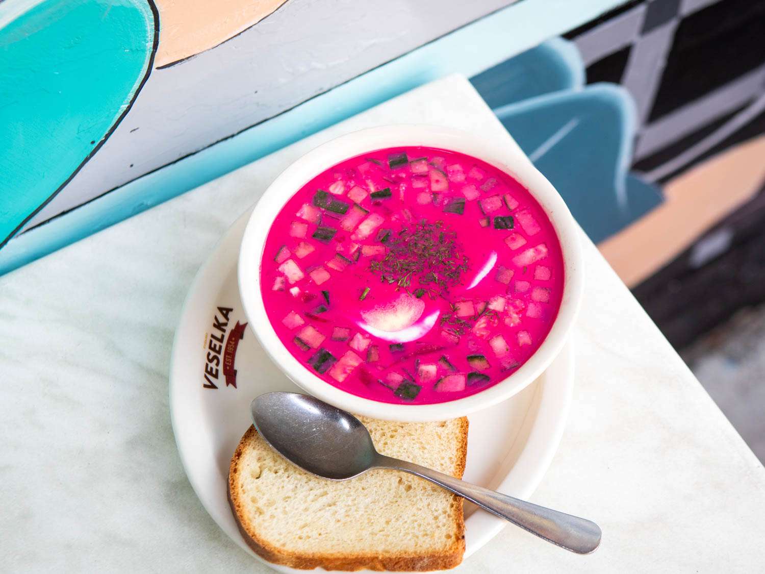 A bowl of beet soup at Veselka