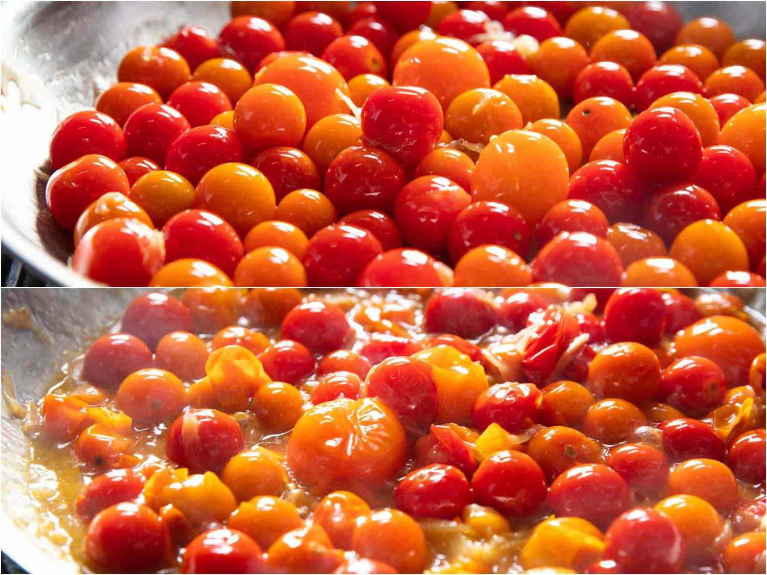 Photo collage showing the progress of cherry tomatoes bursting in the skillet.