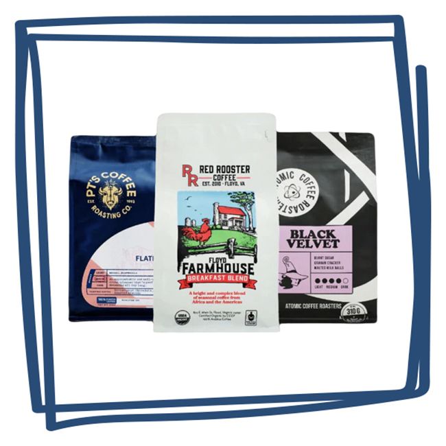 Three coffee packages displayed including PTs Coffee Flatlander Red Rooster Farmhouse and Atomic Coffee Black Velvet