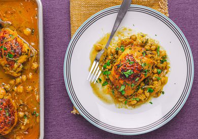 Overhead view of Sheet Pan Harrissa and Orange Chicken with Chickpea