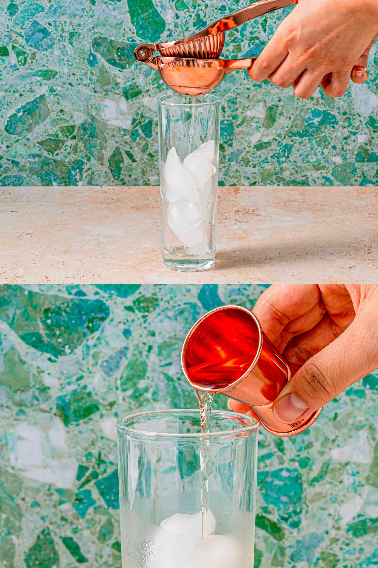 Two image collage of adding lemon juice to a glass and adding tequila 