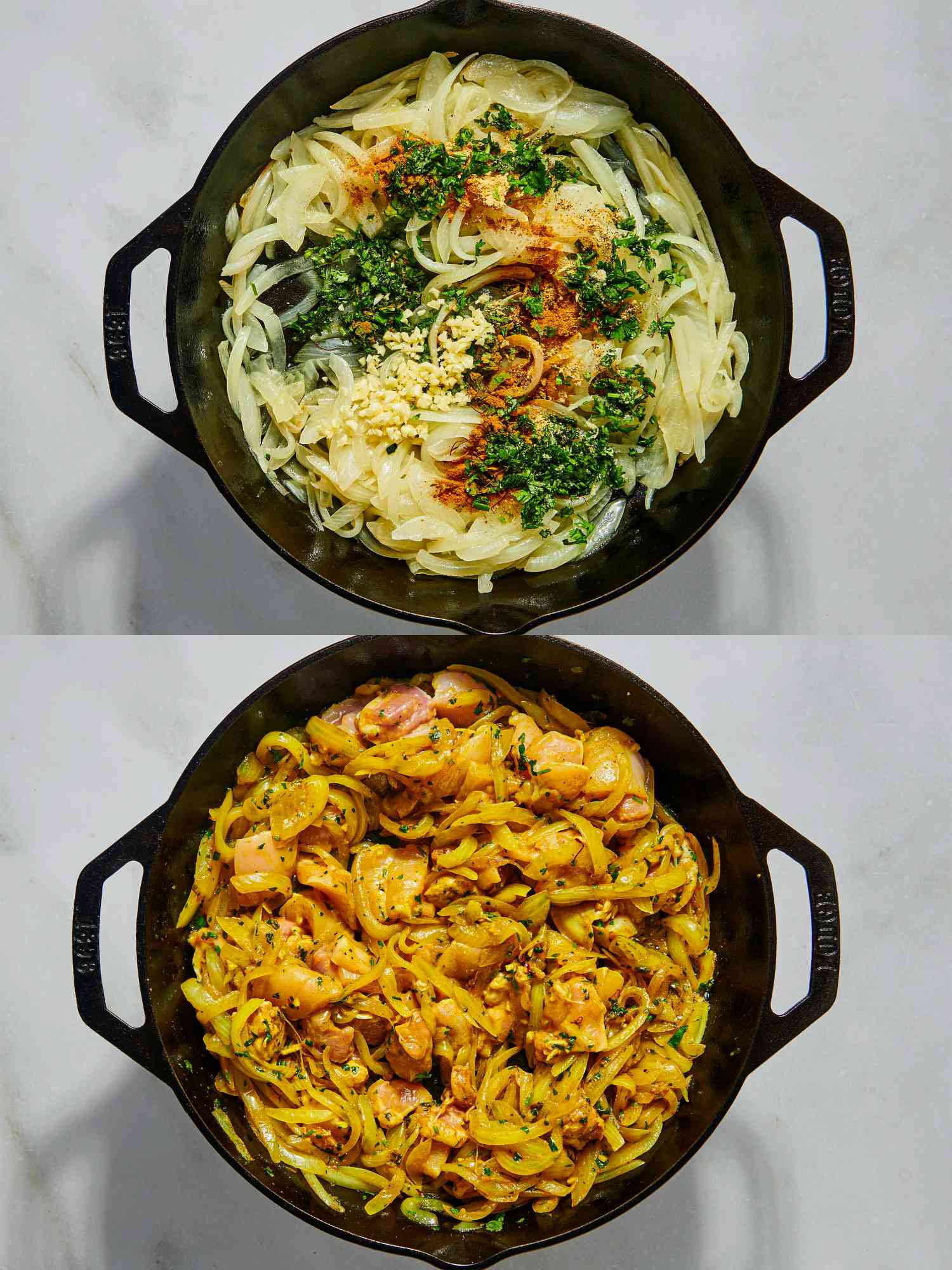 Two image collage of adding spices and adding chicken