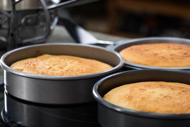 Baked vanilla cake in cake pans
