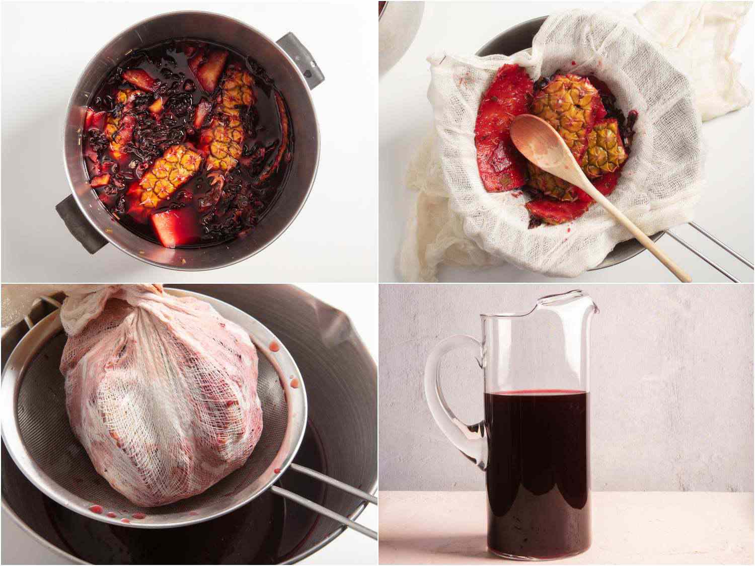 collage: hibiscus leaves added to pot of cooked pineapple skins and cores; a wooden spoon pressing on the scraps through a cheesecloth set in a fine-mesh strainer; the cheesecloth tied up to squeeze all liquid out; a pitcher filled with the pineapple skin/hibiscus drink