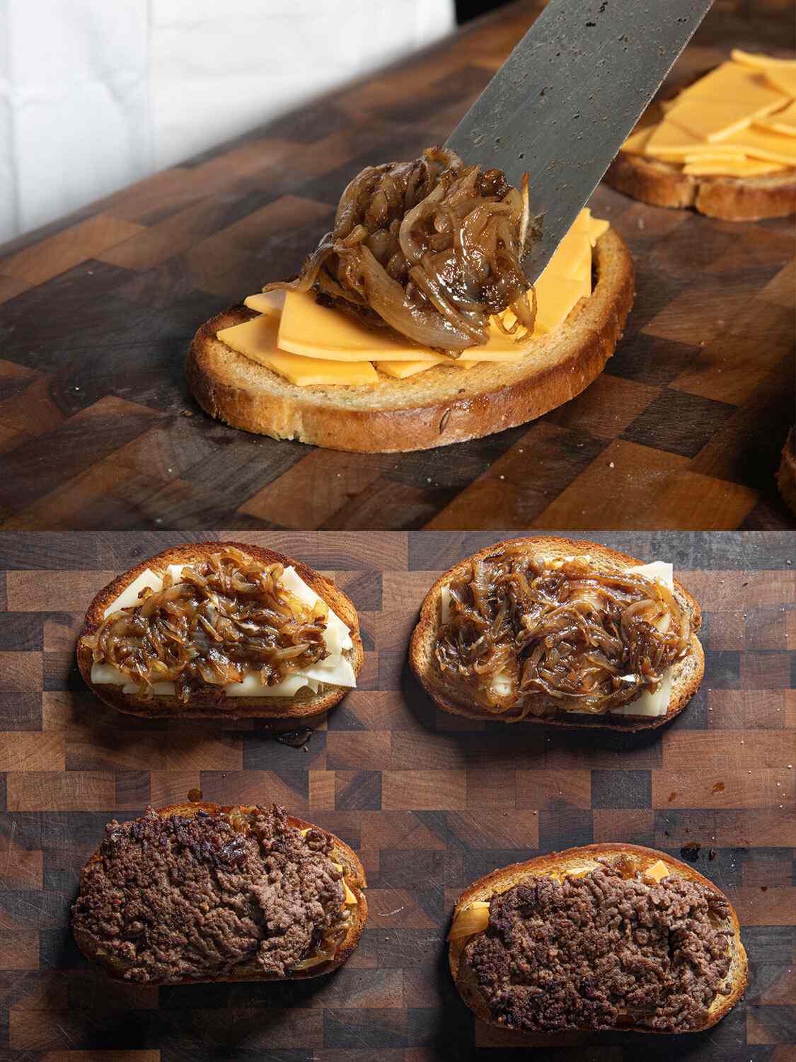 Onions, patties, and cheese on bread.