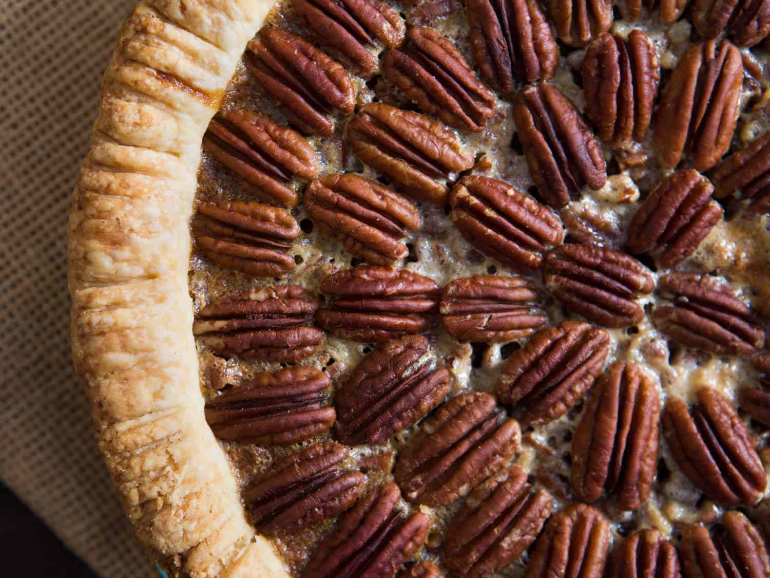 Close-up of finished pecan pie.